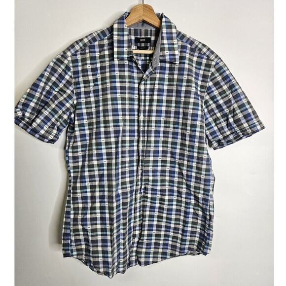 Hugo Boss Shirt Plaid Short Sleeve Button Cotton Regular Fit Men's Large Blue - Picture 1 of 9